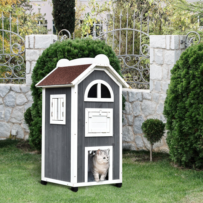 Outdoor Cat Shelter - Weatherproof Wooden 2-Floor Cat House with Condo Cave - Ideal Pet Retreat for Indoor/Outdoor Use, Grey and White