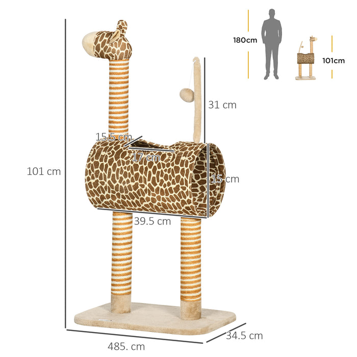 Giraffe-Inspired Cat Tree with Scratching Posts - Indoor Kitten Play Tower with Tunnel and Ball Toy - Perfect Playhouse for Active Cats and Kittens