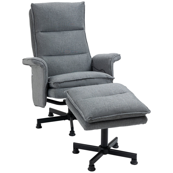 Swivel Recliner and Ottoman Set - Upholstered Massage Armchair with Remote, Timer, Steel Base in Grey - Comfortable Lounging for Home and Office