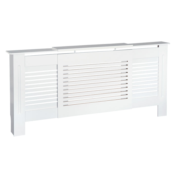 Extendable White MDF Radiator Cover Cabinet - Slatted Design with Shelving for Home and Office - Adjustable Length for Custom Fit (139-208.5cm L, 20.5cm W, 82.5cm H)