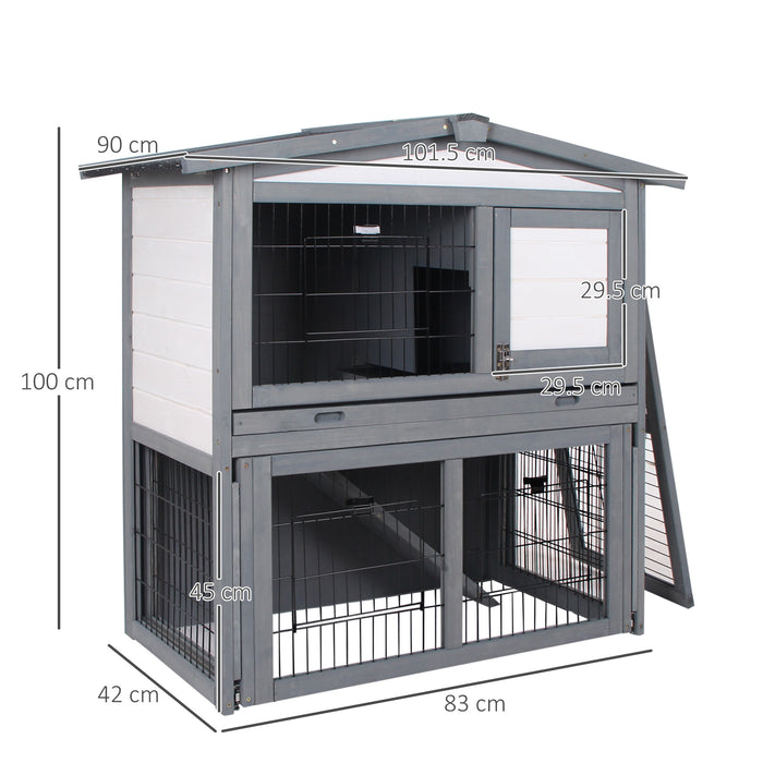 2-Tier Fur Wood Rabbit Hutch - Weatherproof Outdoor Pet Shelter in Grey - Ideal for Bunny Safety and Comfort