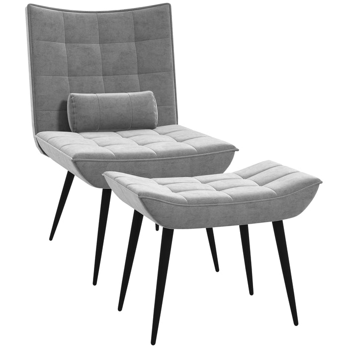 Modern Tufted Upholstered Armless Accent Chair - Includes Footstool and Pillow, Steel-Legged Lounge Set, Grey - Perfect for Relaxation and Home Decor Enhancement