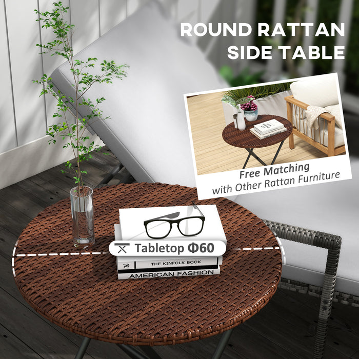 Foldable PE Rattan Coffee Table with Metal Frame - Versatile Wicker Round Side Table in Mixed Brown - Ideal for Lawn and Garden Entertaining