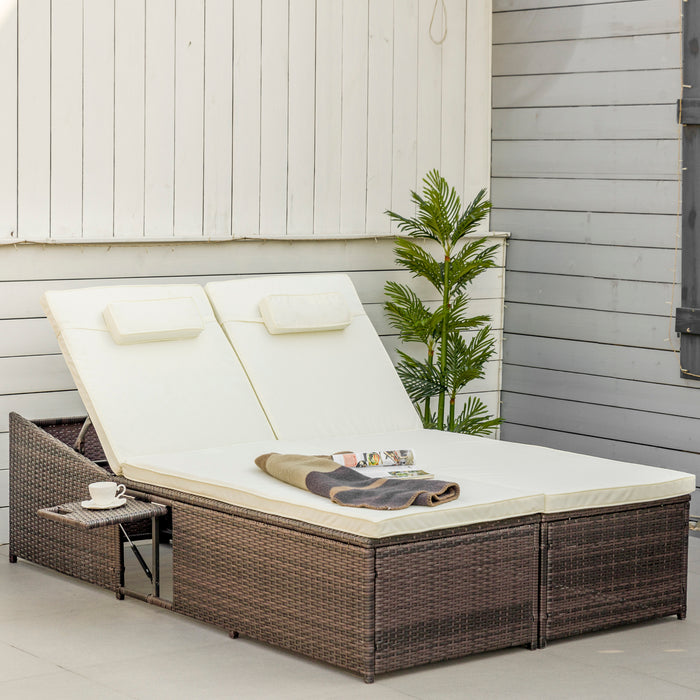 Double Rattan Loveseat with Adjustable Features and Center Tray - Elegant Brown and Cream-White Design - Perfect for Couples and Outdoor Relaxation