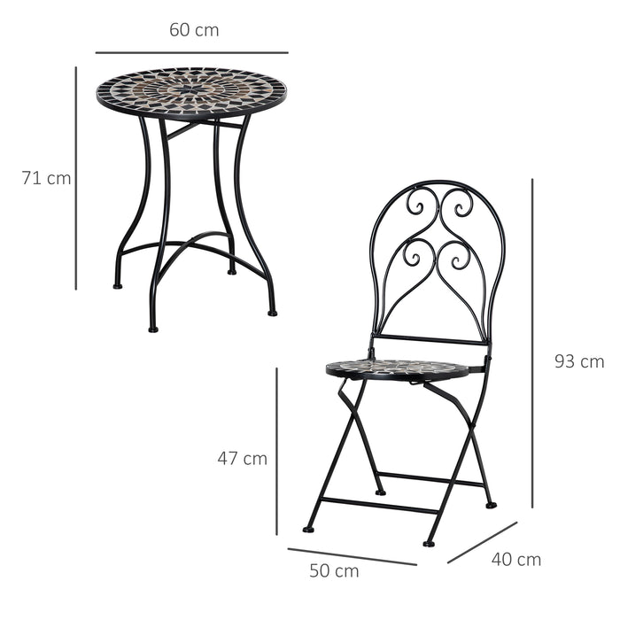 3 Piece Mosaic Bistro Set - Garden Outdoor Furniture with Tile Top Coffee Table & Folding Chairs - Perfect for Patio and Balcony Entertaining