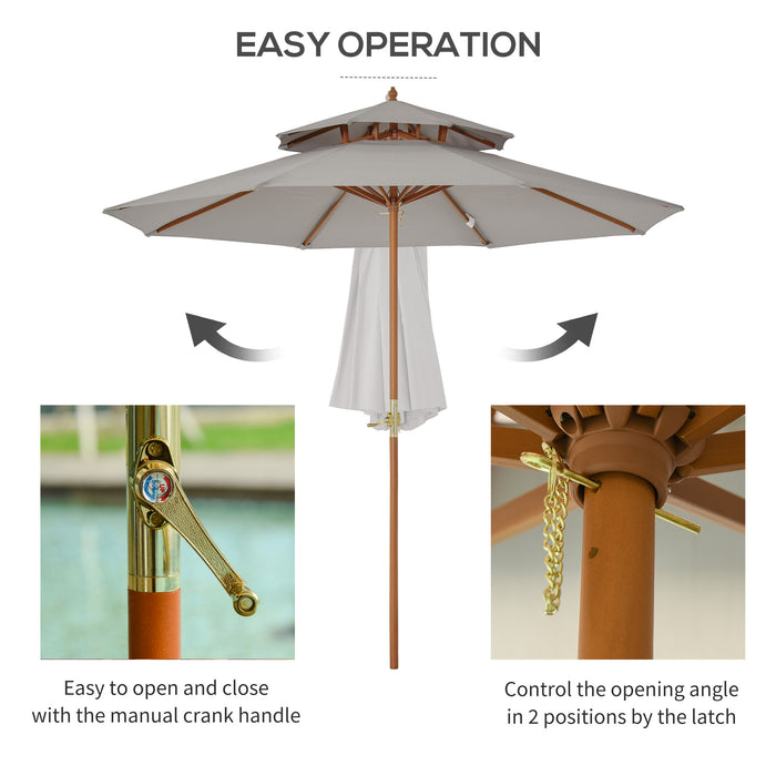 Double Tier 2.7m Garden Sun Umbrella - Outdoor Patio Wooden Parasol with Grey Canopy - Sunshade for Comfort and UV Protection