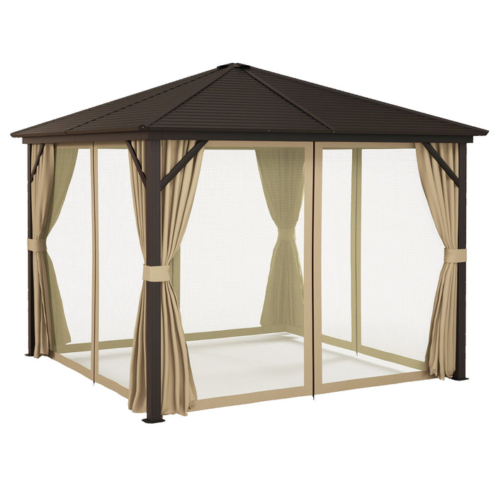 3x3m Hard Top Garden Gazebo - Aluminium Frame with Metal Roof, Netting, and Curtains - Canopy Shelter for Outdoor Lawn Spaces