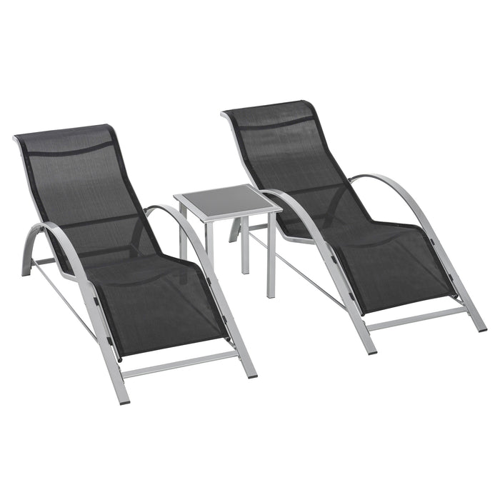 Outdoor Recliner Set - 3-Piece Garden Lounge Chair with Sunbathing Table, Black - Ideal for Patio Relaxation and Entertaining