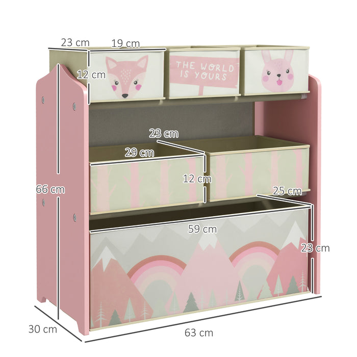 Kids Toy Storage Organizer with 6 Fabric Bins - Sturdy Bedroom and Nursery Shelving Unit, 63x30x66cm - Ideal for Children's Room Clutter Control, Pink