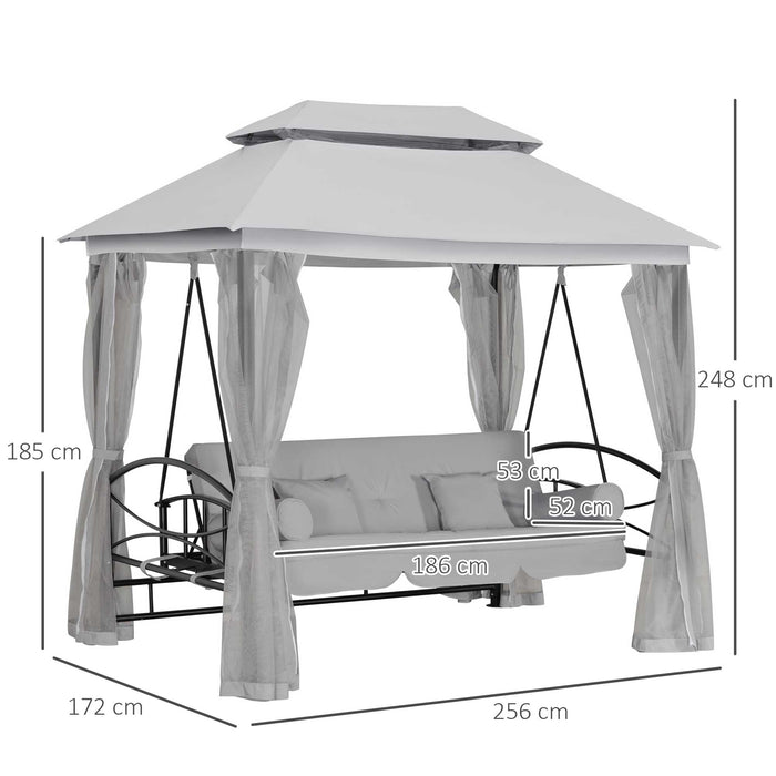 Convertible 2-in-1 Swing Chair Bed - 3-Seater Hammock Gazebo with Cushions and Mesh Curtains, Patio Bench - Ideal for Outdoor Relaxation and Comfort, Grey