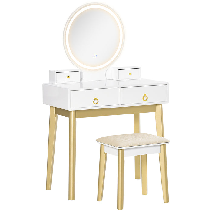 Vanity Makeup Table Set with 3-Color LED Mirror - Bedroom Dressing Table with Storage, 4 Drawers & Cushioned Stool - Elegant White Dresser for Beauty & Organization Needs