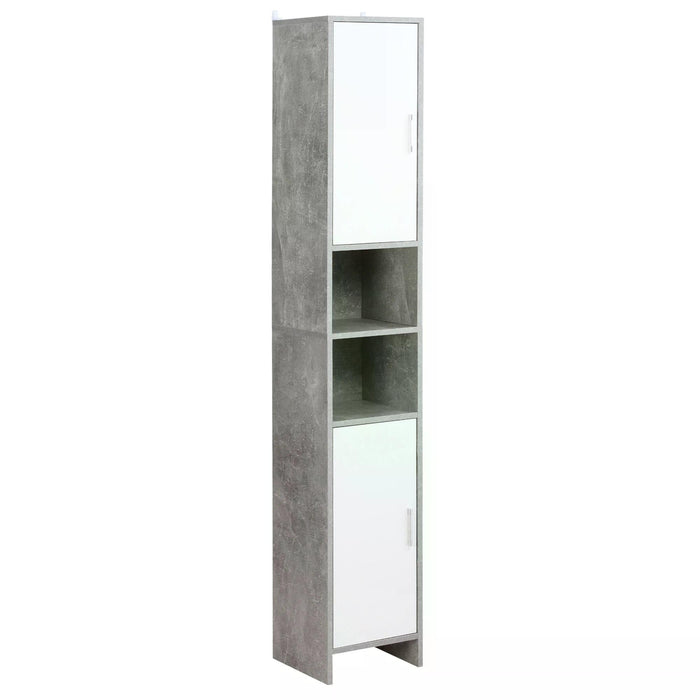 Slim Grey Bathroom Storage Cabinet - Free-Standing Tall Organizer with 2 Cupboards & Open Shelving, Adjustable Shelves and Raised Base - Ideal for Bathroom Organization and Space Saving