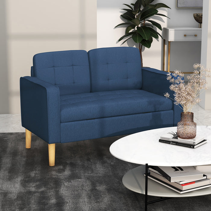 Compact 2-Seater Loveseat with Storage - Modern Tufted Cotton Sofa, Wooden Legs in Blue - Ideal for Small Spaces & Adding Extra Storage