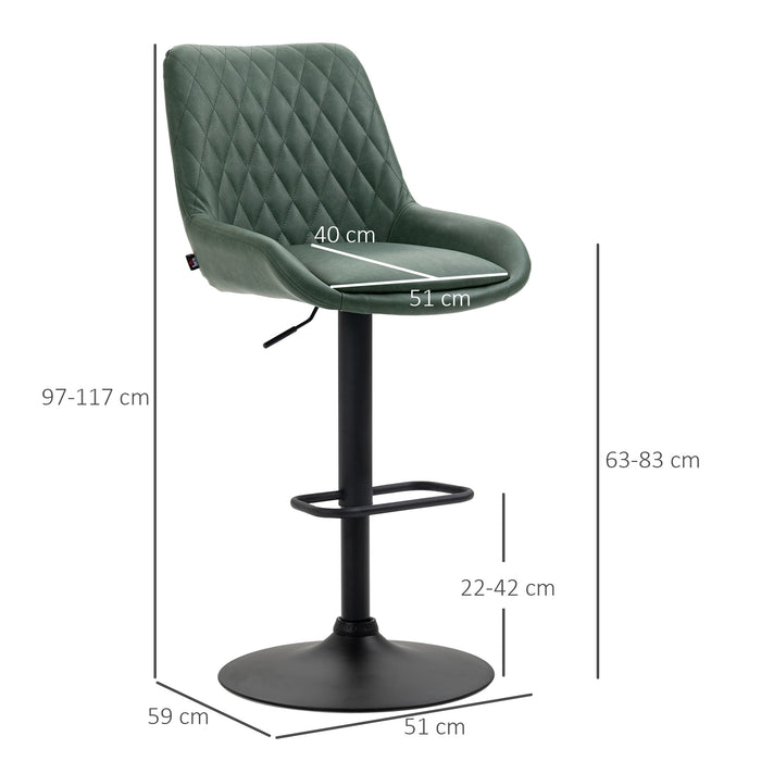 Retro Bar Stools (Pair) - Adjustable Swivel Kitchen Chairs with Backs, Upholstered in Green - Ideal for Home Bars and Kitchen Islands