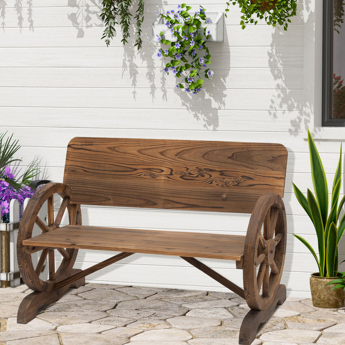 Wooden Cart Wagon Wheel Bench - 2-Person Rustic High-Back Garden Loveseat with Burnt Stain Finish - Charming Outdoor Seating for Couples and Decor Enthusiasts