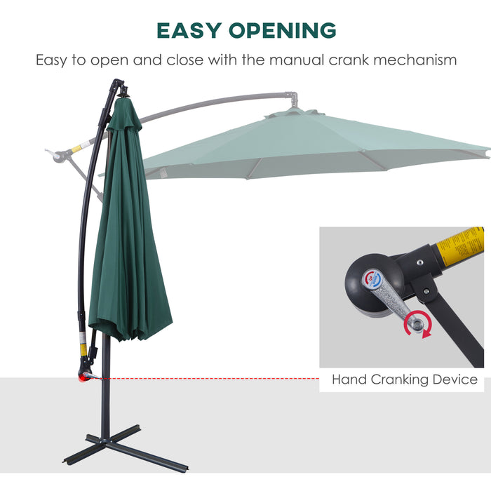 Banana Parasol Hanging Cantilever Umbrella - 3m with Crank Handle, 8 Ribs, Cross Base, Sun Shade in Dark Green - Ideal for Outdoor Relaxation and UV Protection