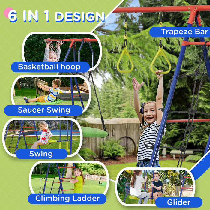 6-in-1 Outdoor Metal Garden Swing Set - Double Kids Swings, Climbing Frame, Glider, Trapeze, Basketball Hoop - Perfect Playset for Children's Backyard Entertainment