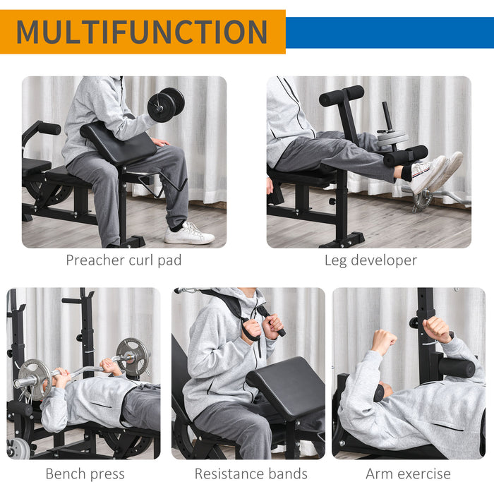 Multi-Exercise Workout Station - Full-Body Weight Rack, Bench Press, Leg Extension, Chest Fly, Resistance Band, Preacher Curl - Ideal for Home Gym and Fitness Enthusiasts