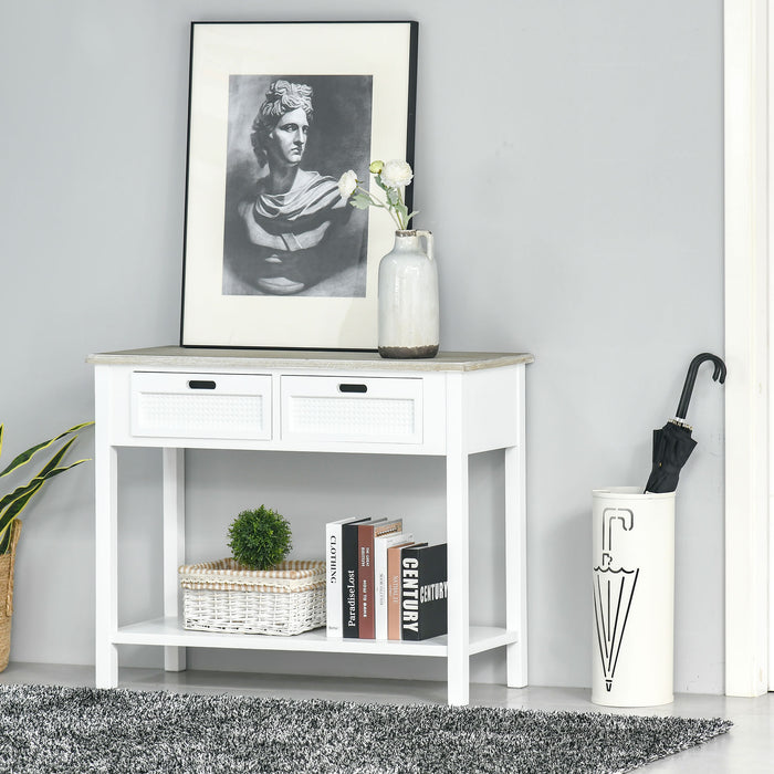 Vintage-Style Console Table with 2 Drawers & Lower Shelf - Distressed Finish Hallway & Living Room Storage Furniture - Elegant Sofa Table for Home Organization, White