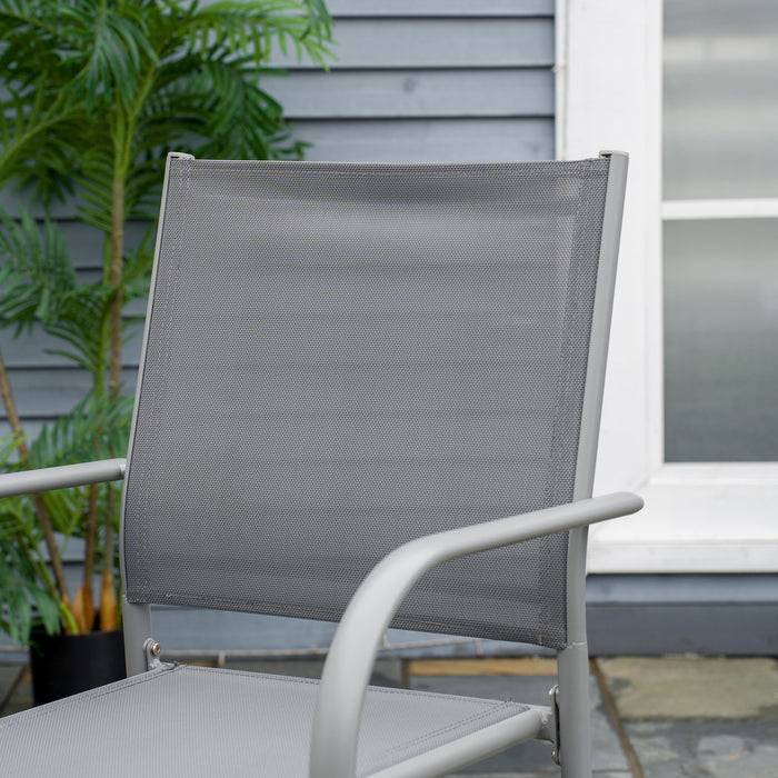 7 Piece Garden Dining Set - Steel-Framed Table with Tempered Glass & 6 Grey Mesh Stackable Chairs - Perfect for Patio & Outdoor Entertaining