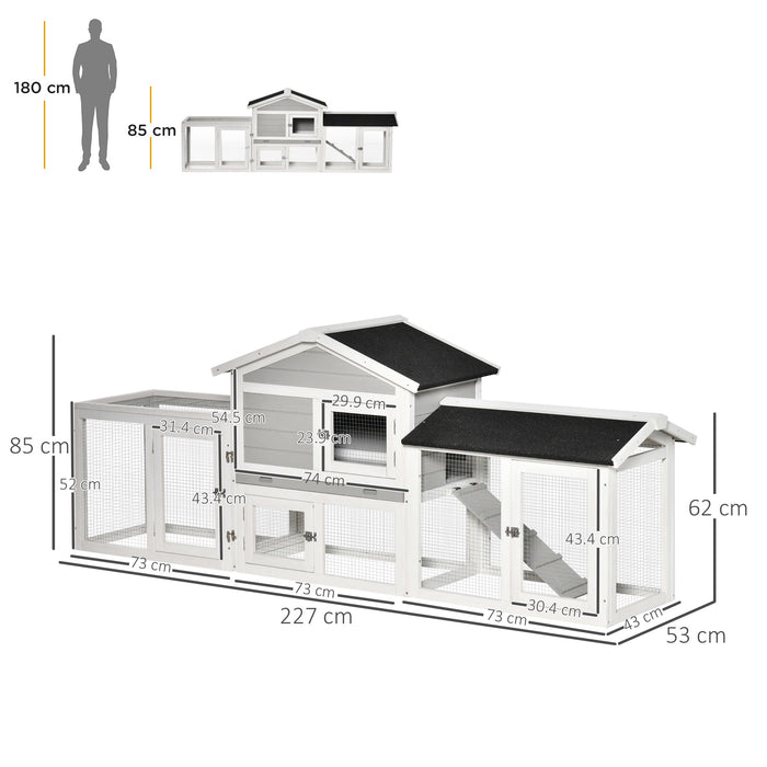 2 Tier Wooden Rabbit Hutch - Small Pet House with Pull Out Tray, Ramps, Lockable Doors, Large Run Area, and Asphalt Roof - Ideal for Bunny Outdoor Shelter and Safety in Grey