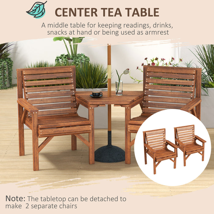 Wooden Garden Companion Chair - Outdoor Love Seat with Built-In Coffee Table and Umbrella Hole, Tan Brown Finish - Ideal for Couples Enjoying Patio Relaxation