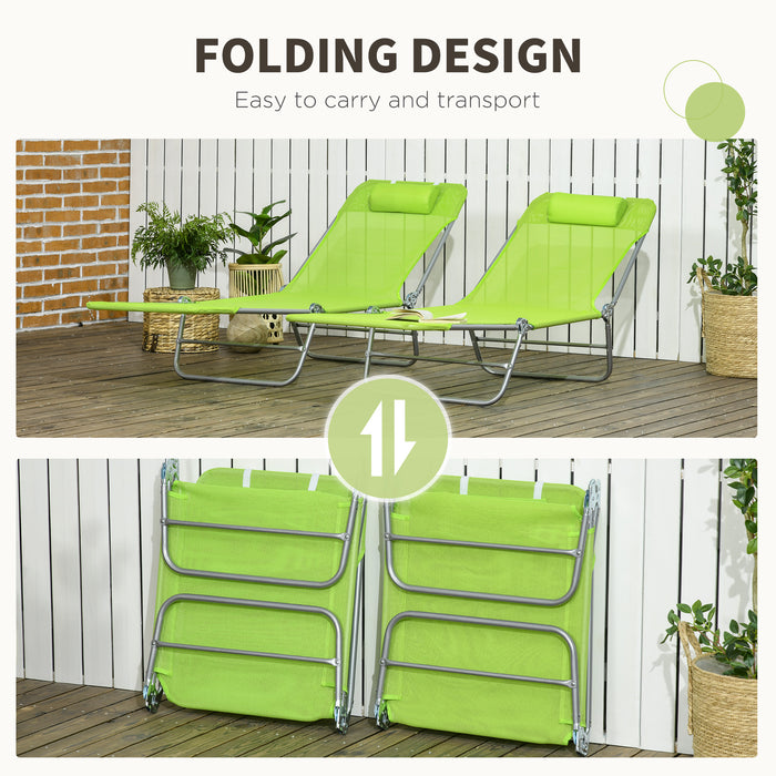 Outdoor Reclining Lounge Chairs 2-Pack - Steel Frame Sunbeds with Adjustable Backrest and Breathable Mesh - Perfect for Beach, Patio, and Yard Relaxation, Includes Pillows, Green