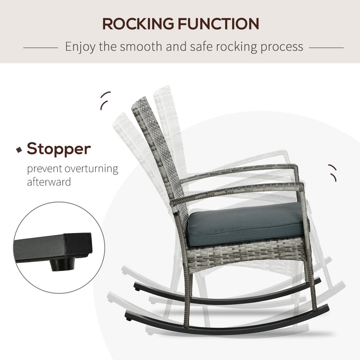 Rattan Rocking Chair with Cushion - Stylish Outdoor Wicker Weave Patio Relaxer for Garden and Bistro - Comfortable Light Grey Seating Solution for Leisure and Relaxation