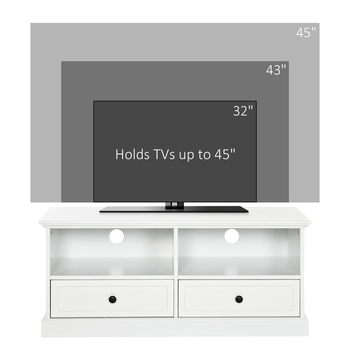 Modern 45-Inch TV Stand Cabinet with Storage - Features Drawers, Open Shelves & Cable Management Holes - Ideal for Living Room Organization and Decor