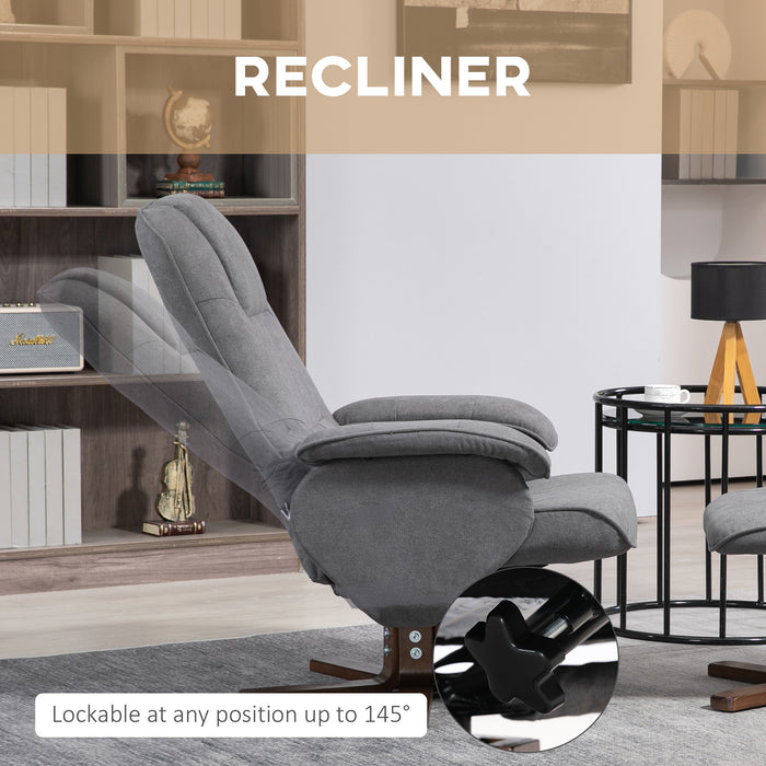 Linen Swivel Recliner with Matching Footstool - Upholstered Grey Reclining Armchair with Elegant Wooden Base - Comfortable Lounging for Living Room