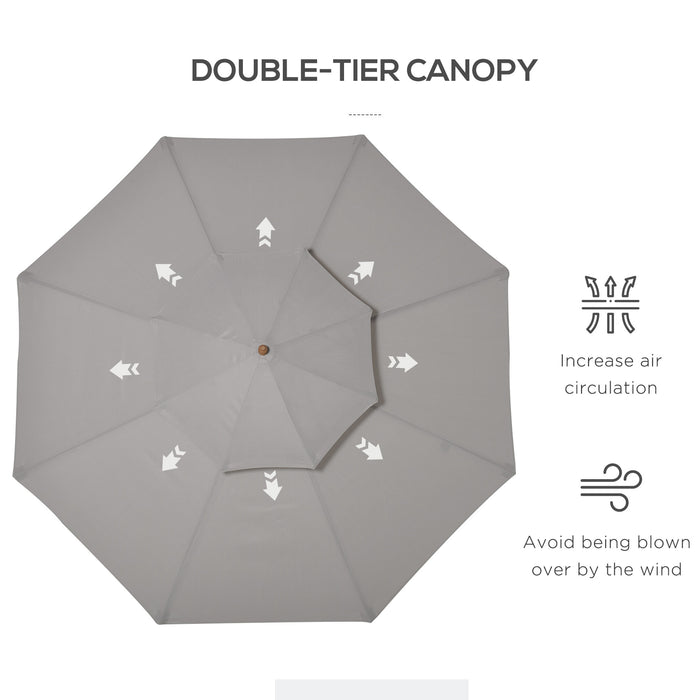 Double Tier 2.7m Garden Sun Umbrella - Outdoor Patio Wooden Parasol with Grey Canopy - Sunshade for Comfort and UV Protection