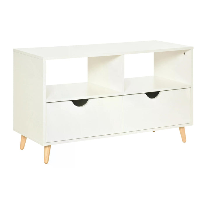 Modern White TV Stand - Shelving & Drawer Storage Media Entertainment Center - Sleek Design for Living Room Organization