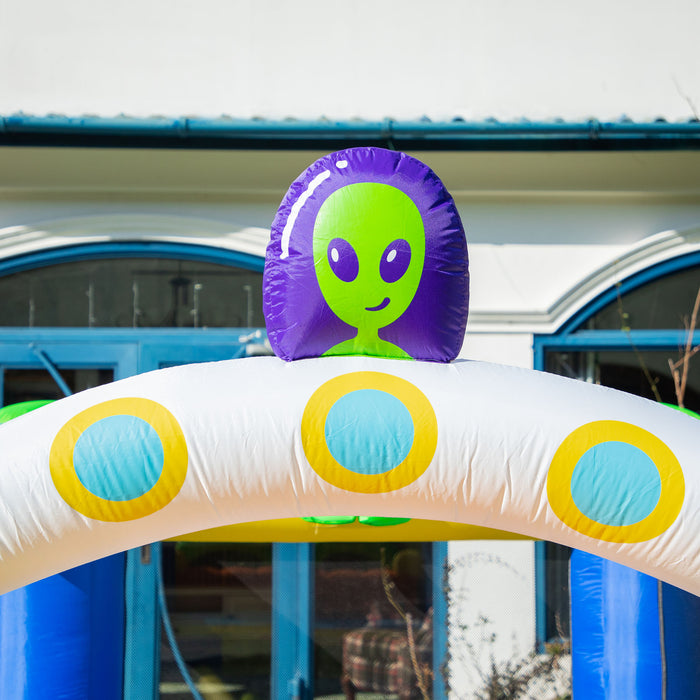 Large Alien-Style 4-in-1 Bounce Castle - Inflatable House with Slide, Trampoline, Climbing Wall, and Basketball Hoop - Outdoor Fun for Kids Ages 3-8