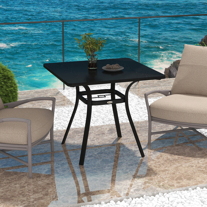 Sturdy Black Steel Garden Table with Metal Top - Foot Pads & Umbrella Hole for Outdoor Use - Ideal for Balcony & Porch Spaces