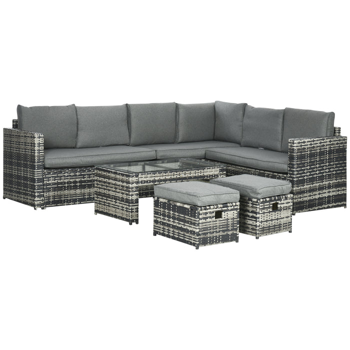 Rattan Outdoor Lounge Suite - 6-Piece, Grey 8-Seater Patio Set with Cushioned Loveseats, Footstools & Table - Ideal for Garden Entertaining and Relaxation