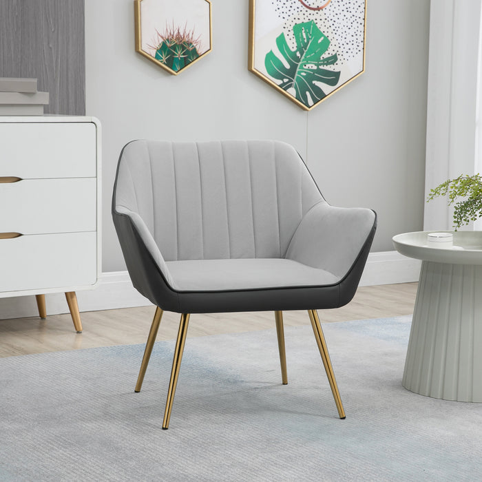 Chic Light Grey Velvet Armchair - Gold Steel Legged Upholstered Accent Furniture for Living Room & Bedroom - Elegant Seating Solution for Modern Home Decor