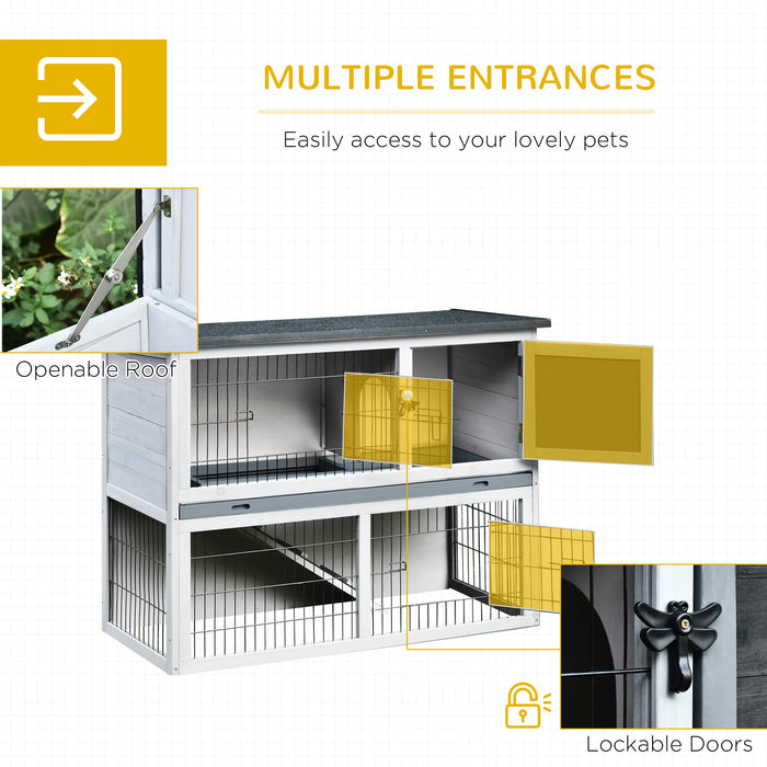 Two-Story Fir Wood Pet Hutch - Small Animal Enclosure with Sliding Tray, Grey Finish - Ideal Habitat for Rabbits & Guinea Pigs