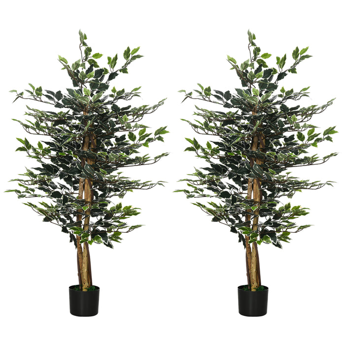 130cm Artificial Ficus Tree Set of 2 - Lifelike Leaves & Natural Trunks Decorative Fake Plant in Pot - Ideal for Indoor & Outdoor Ambiance Enhancement