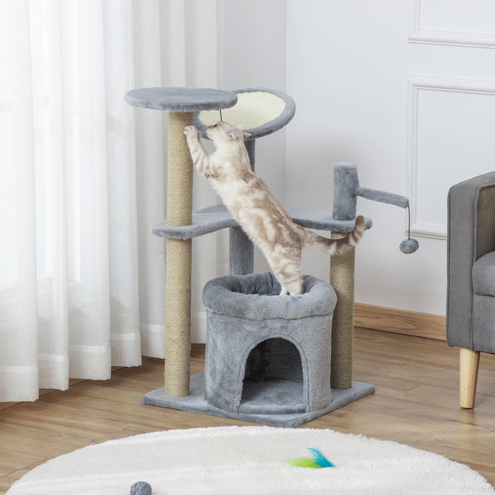 Cat Tree Tower with Condo Bed - Kitten Activity Center with Scratching Post, Perch & Ball Toy in Grey - Ideal for Playful Cats and Scratching Enrichment