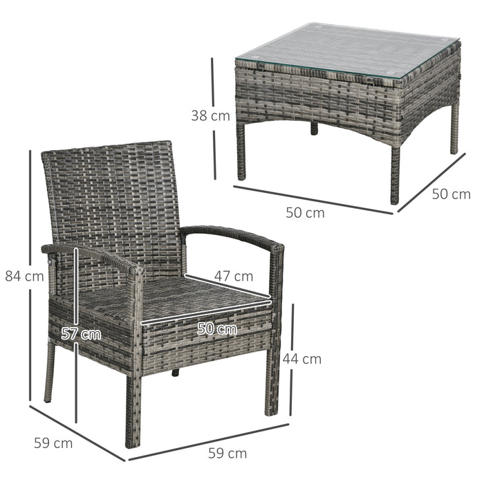 Outdoor Rattan Bistro Set - 3-Piece Patio Wicker with Coffee Table and Cushioned Chairs, Mixed Grey - Ideal for Balcony and Conservatory Spaces