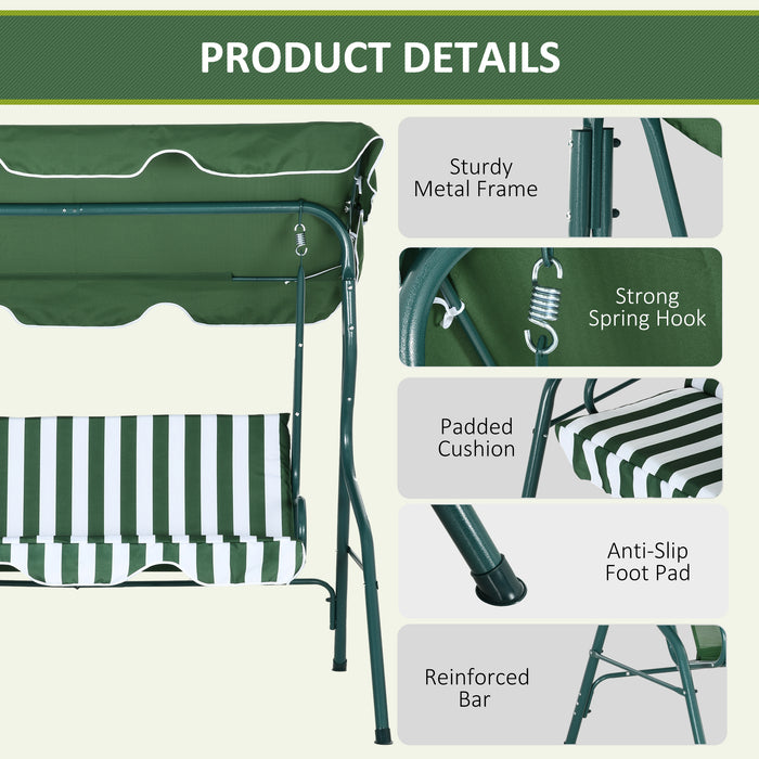 Adjustable Canopy 3-Seater Garden Swing - Outdoor Bench Chair with Metal Frame and Green Striped Cushions - Perfect for Patio, Relaxation and Comfort