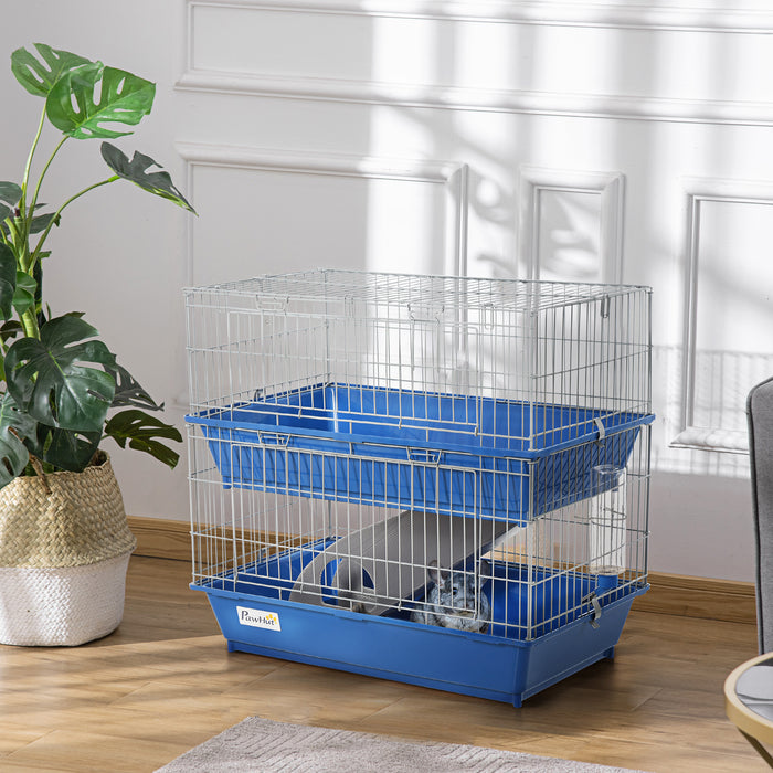 Small Pet Habitat - Blue Metal 2-Tier Cage with Sturdy Construction - Ideal for Hamsters, Gerbils, and Mice Comfort