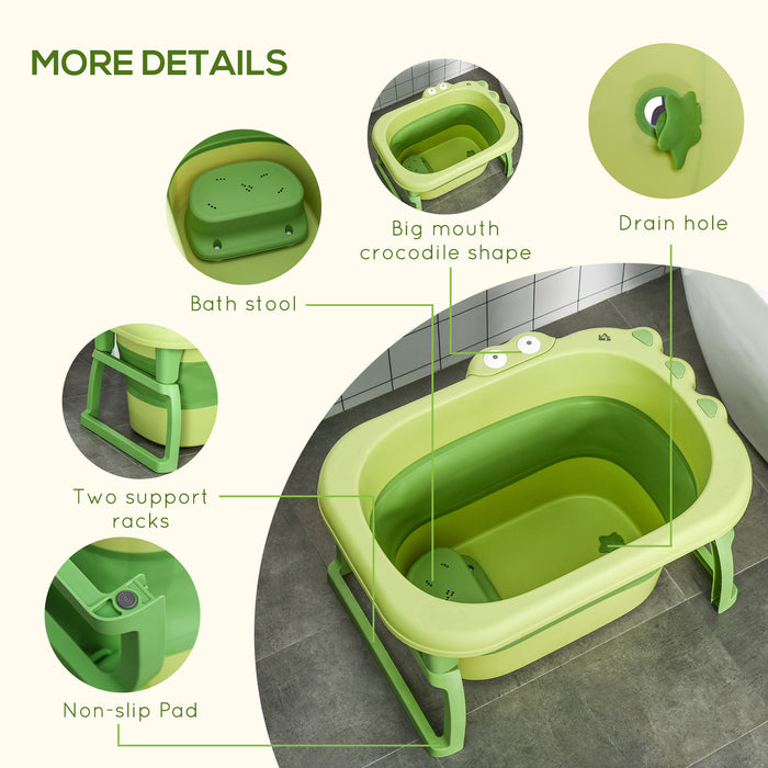 Collapsible Baby Bath Tub with Stool Seat - Non-Slip, Portable, Crocodile Design for 0-6 Years - Ideal for Newborns, Infants, and Toddlers