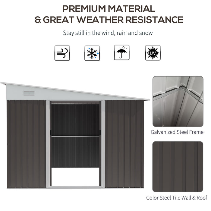 Metal Garden Storage Shed 11x9ft - Sloped Roof, Double Sliding Doors, Dual Air Vents, Grey - Ideal for Outdoor Tools and Equipment Shelter