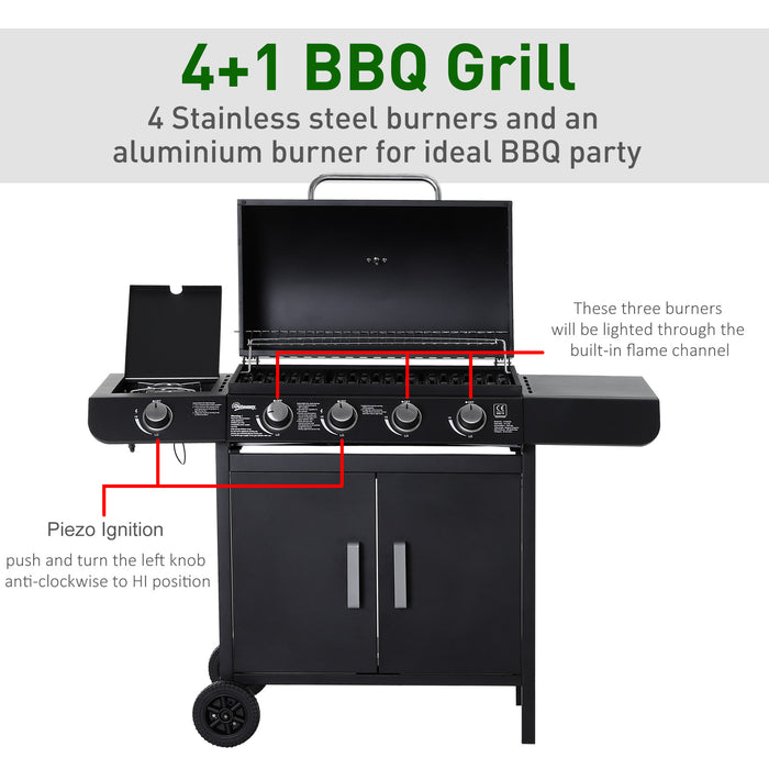 4+1 Gas Burner Grill - Outdoor BBQ Trolley with Smoker and Side Burner - Ideal for Backyard Garden Cooking with Storage and Mobility Wheels