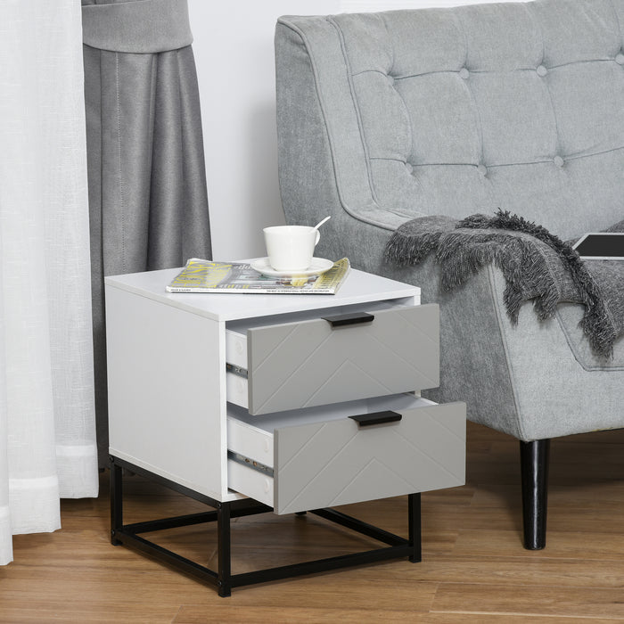 2-Drawer Bedside Cabinet - Unique Shaped Nightstand with Metal Base - Ideal for Bedroom, Living Room, Study Room, or Dorm Use