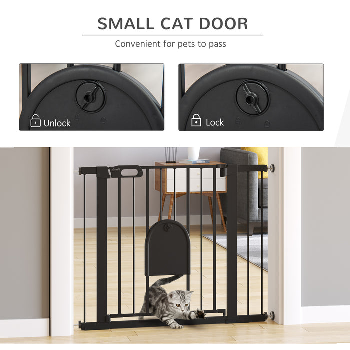 Extra Wide 75-103 cm Pet Safety Gate with Small Door - Pressure Fit Stair Barrier, Auto Close, Double Locking, Ideal for Doorways and Hallways - Child & Pet Proofing in a Sleek Black Design