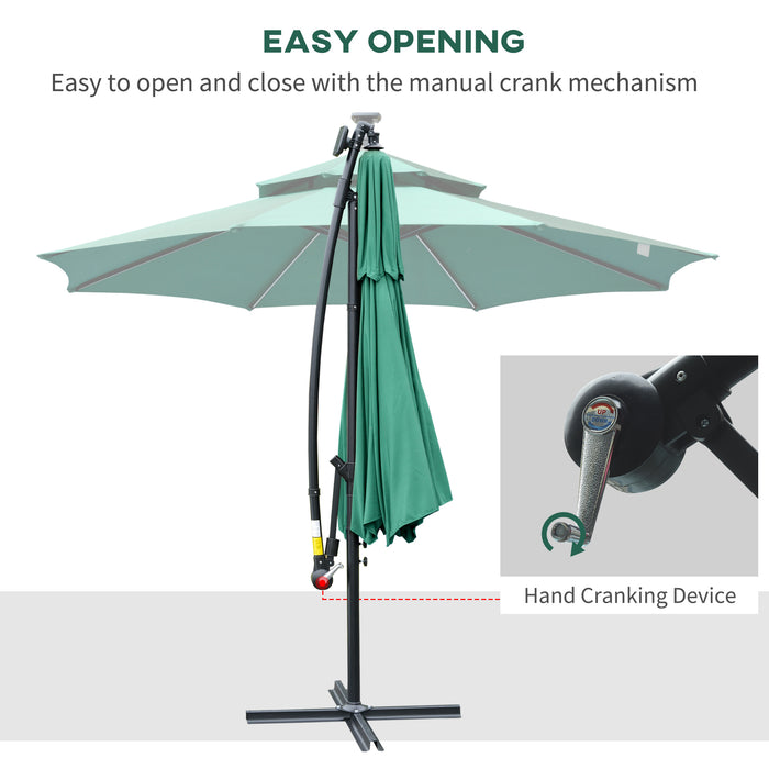 Cantilever 3m Banana Hanging Parasol - Double Roof Design with Solar LED Lights & Crank Mechanism, 8 Robust Ribs - Ideal Outdoor Shade for Patio or Garden