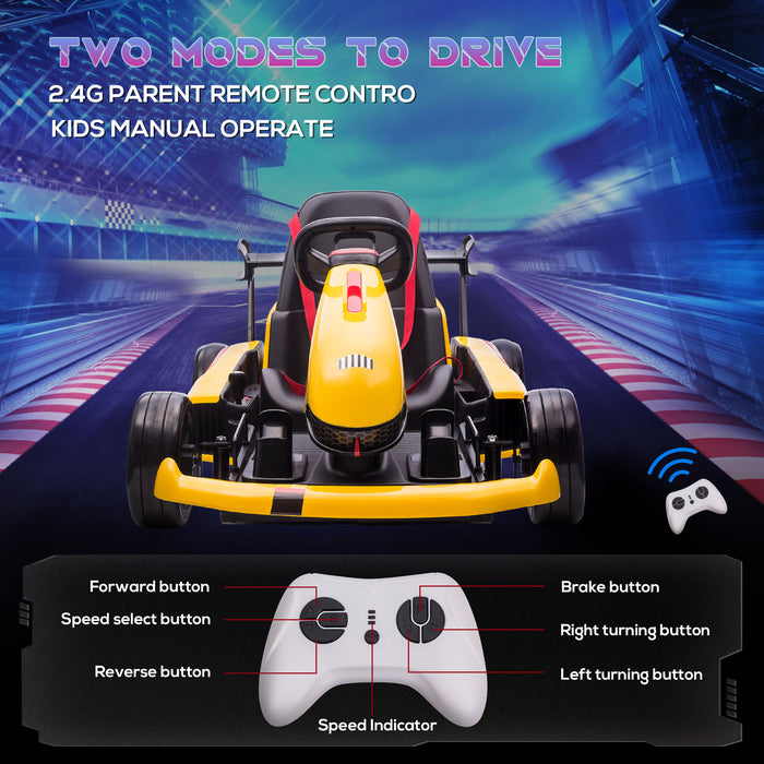 Electric Go-Kart for Kids - Adjustable Footrest, Reversible Steering, 12V Rechargeable Battery, Dual-Speed Racing Kart in Yellow - Perfect Ride-On for Young Racers