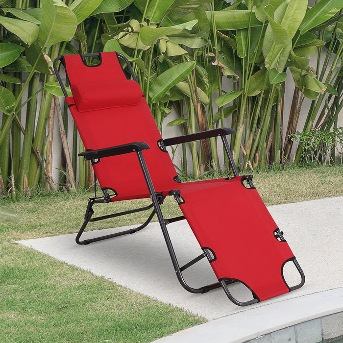 Folding Reclining Sun Lounger with Adjustable Back - 2-in-1 Comfortable Outdoor Chair for Garden and Camping - Includes Pillow, Perfect for Relaxation, Red